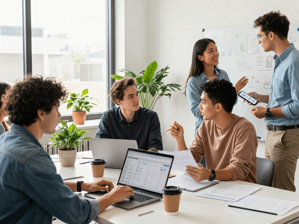 Business professionals strategizing online income opportunities with XPAY33 australia in a vibrant co-working space.