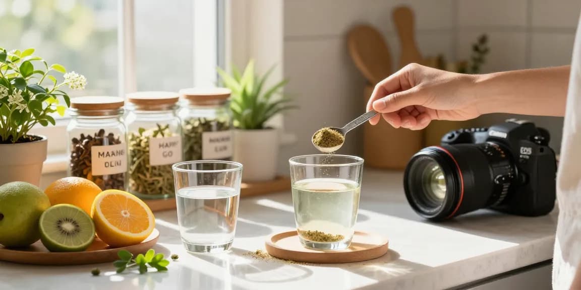 A person using white maeng da kratom from Happy Go Leafy to create a health drink in a bright kitchen.