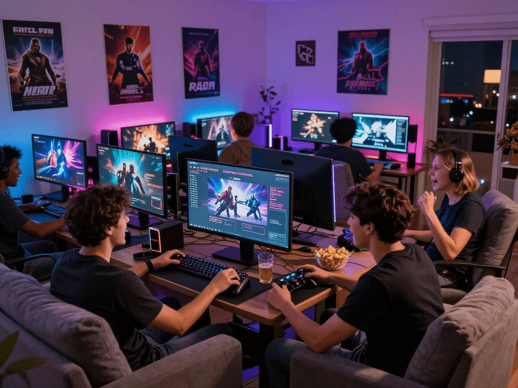 Friends enjoying html porn games in a modern gaming setup, surrounded by snacks and vivid lighting.