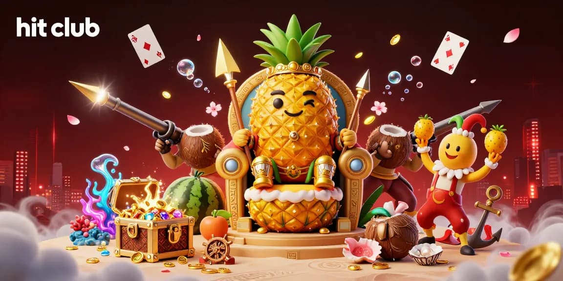 Experience the excitement of hit club with a vibrant casino-themed 3D illustration featuring dynamic characters and elements.