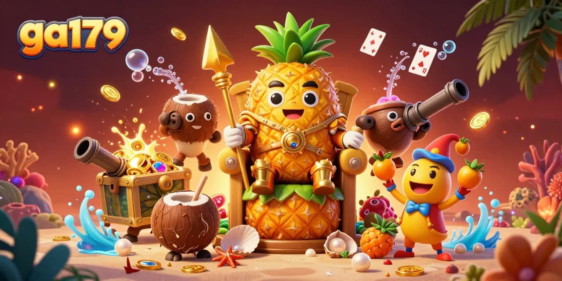 Engage with ga179 in this vibrant 3D casino scene featuring a pineapple king, coconut guards, and dynamic gameplay elements.