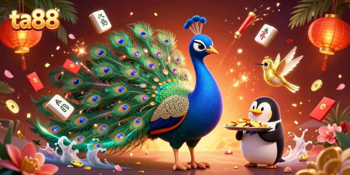 Engage in winning tactics at ta88 with a vibrant casino-themed illustration featuring peacock and penguin.