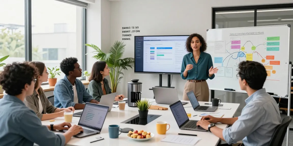 Team collaboration in a vibrant co-working space discussing AI productivity tools for innovative solutions.