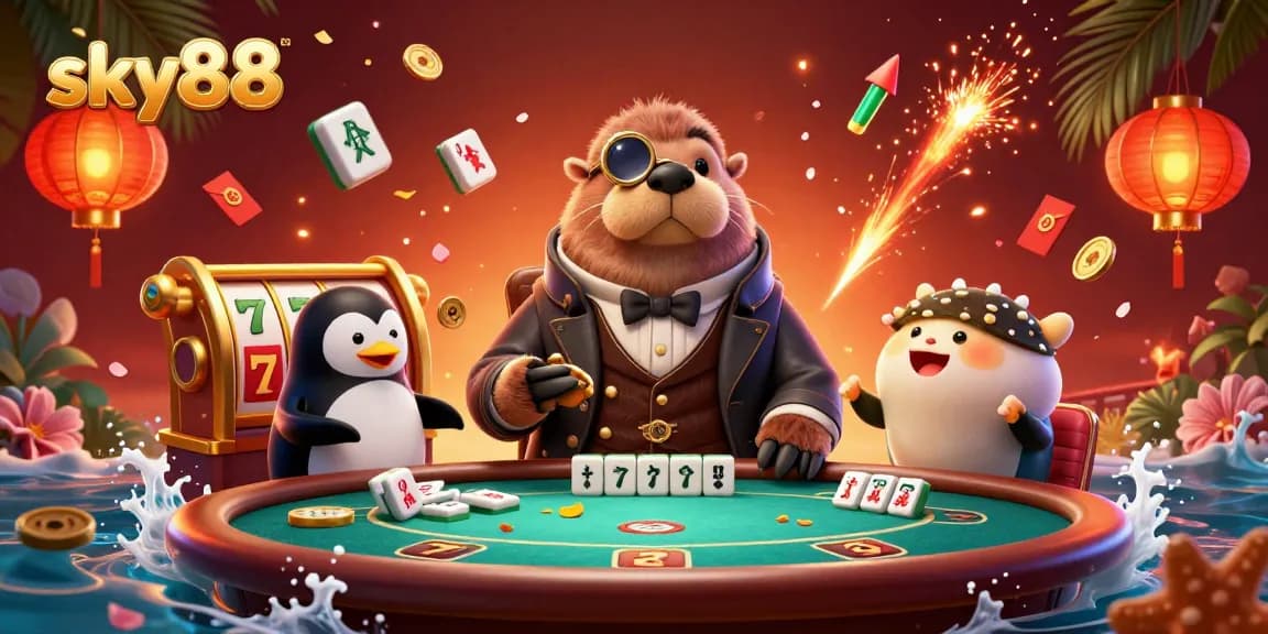 Engaging scene of a jolly walrus and friends playing poker at sky88, surrounded by vibrant casino symbols.