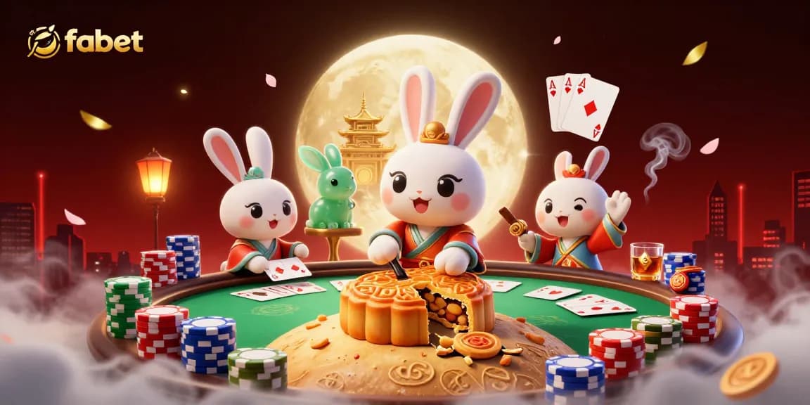 Experience the excitement of fabet casino with the moon rabbit and poker chips in a vibrant 3D scene.