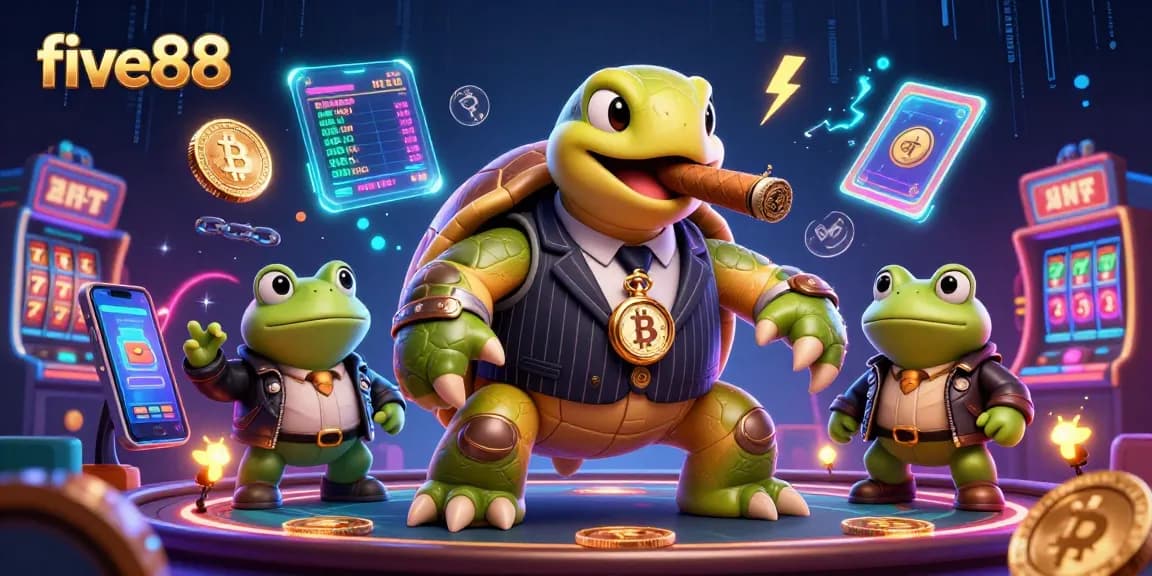 Join the action at five88 with a colorful casino scene featuring a mobster turtle and crypto elements.