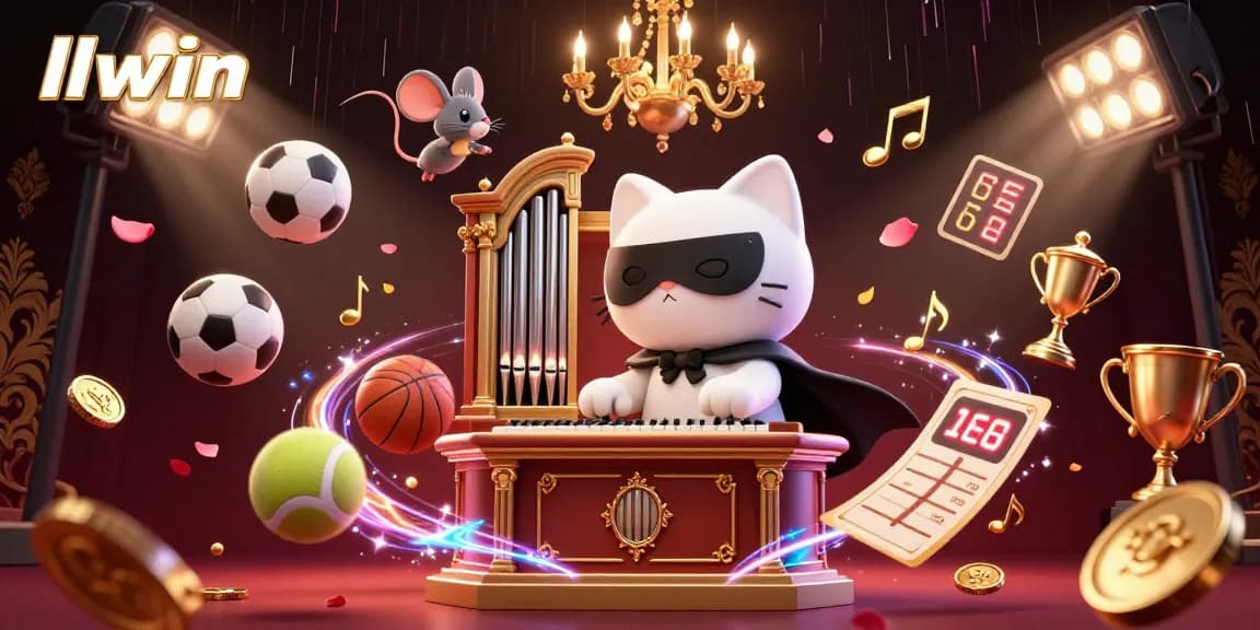 Experience the thrilling world of llwin with a dynamic casino scene featuring a whimsical cat and sports elements.