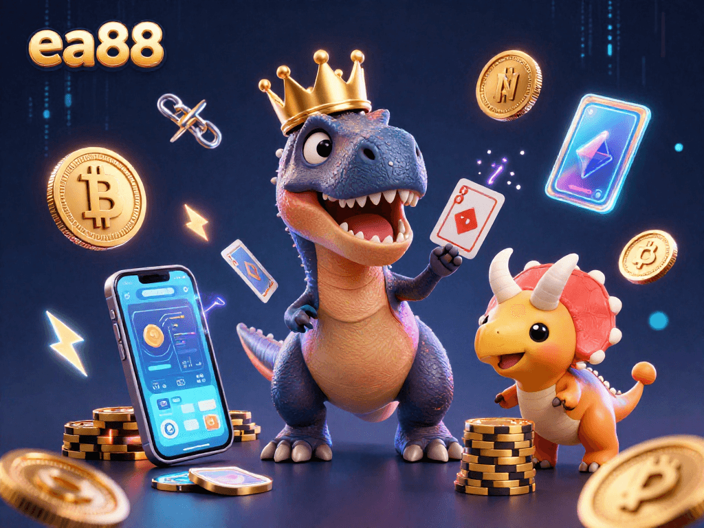 ea88 T-Rex playing cards with golden chips, showcasing vibrant crypto and gambling elements