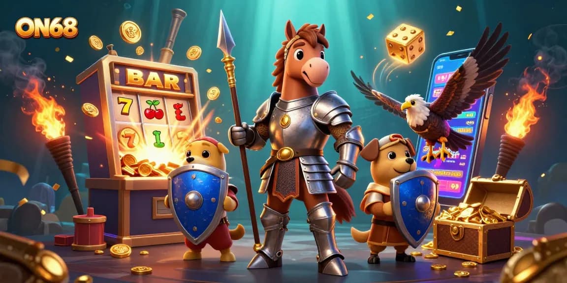 Join the excitement at ON68 with a knight, squire, and falcon amidst a jackpot explosion!