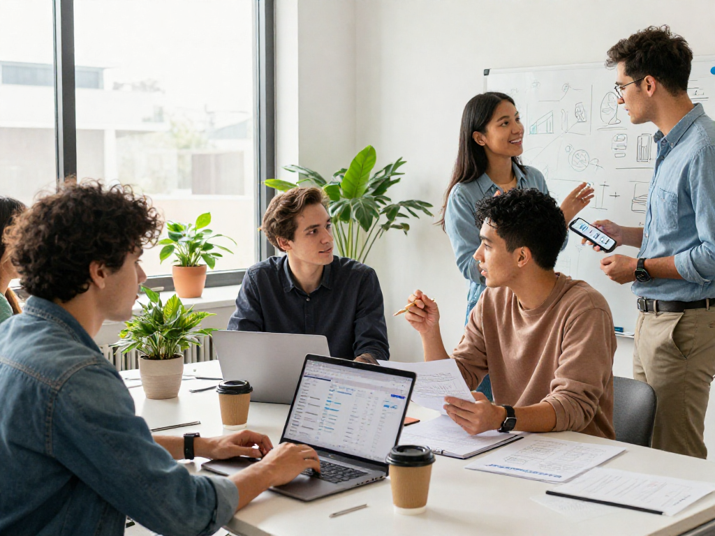 Business professionals strategizing online income opportunities with XPAY33 australia in a vibrant co-working space.