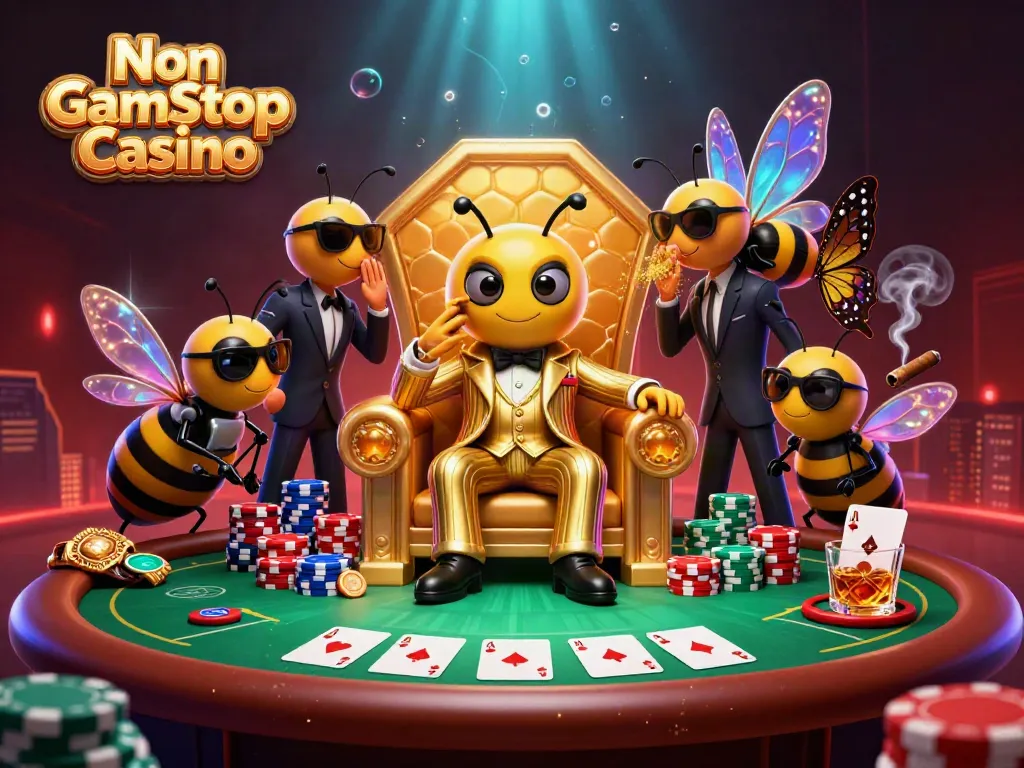 Enjoy an action-packed scene with Non Gamstop Casino as the bee mob boss orchestrates a thrilling poker game.