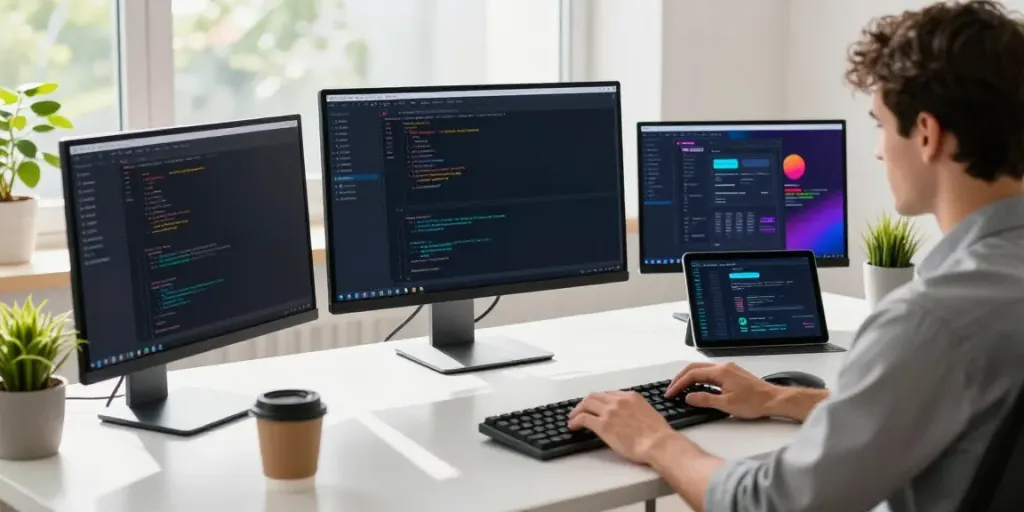 Web developer showcasing instant indexing tools in a modern workspace.