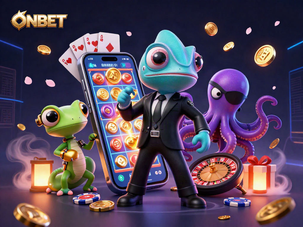 Engage with ONBET's colorful slot games featuring a cinematic illustration of dynamic characters and vibrant action.