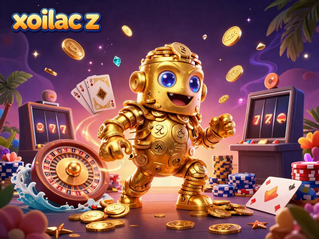 Experience the thrill of gaming with xoilac z, featuring dynamic scenes of a golden golem and casino elements.