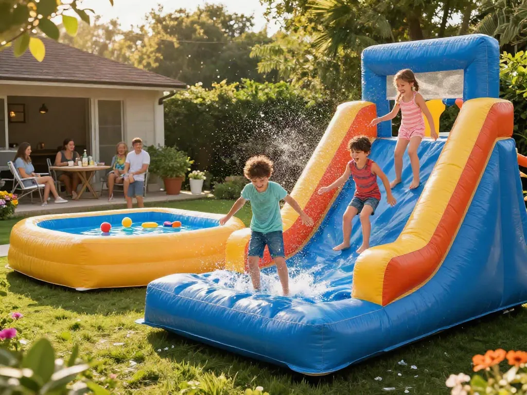 Children sliding in the water on a vibrant inflatable slide in a lush garden setting.