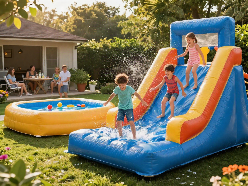 Children sliding in the water on a vibrant inflatable slide in a lush garden setting.