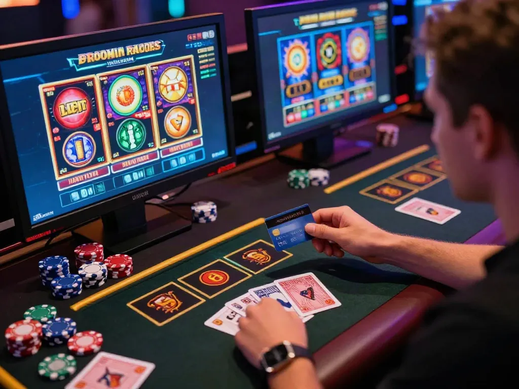 Exciting scene at online casinos that accept credit cards with players enjoying games and making deposits.