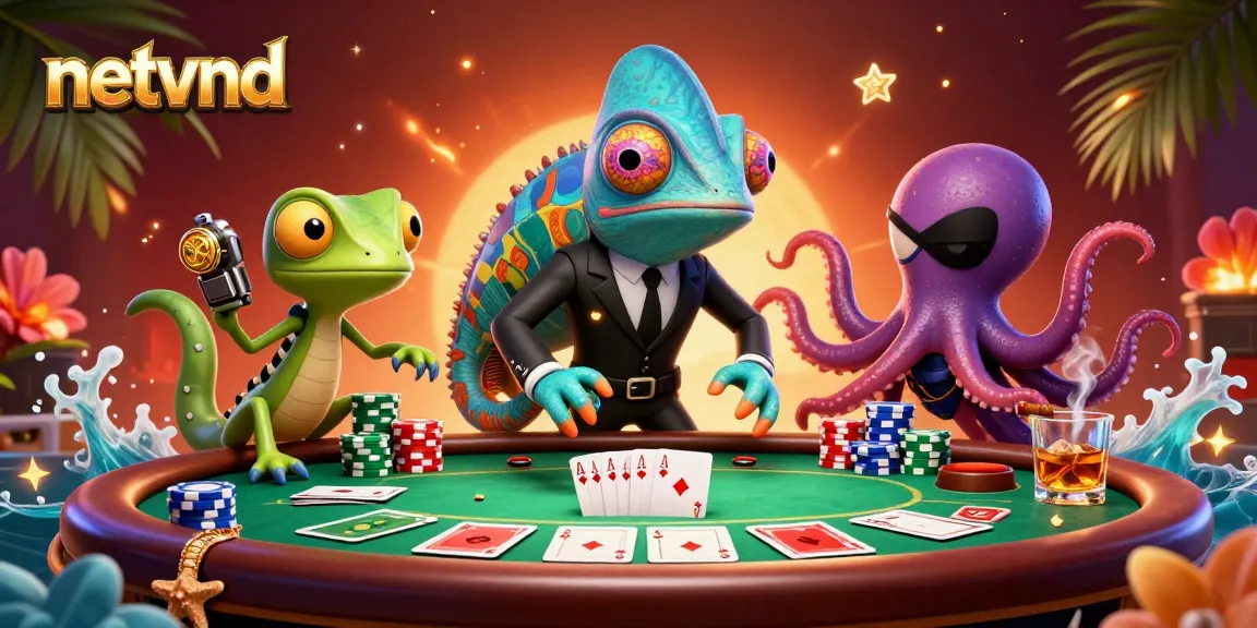 Engage in thrilling poker sessions with vibrant action showcasing netvnd's unique characters and elements.