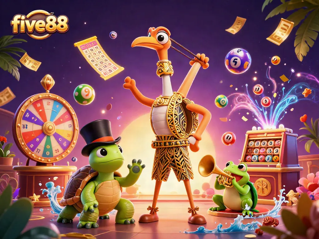 Join the fun at five88 with vibrant characters and exciting gaming elements in a lively casino scene.