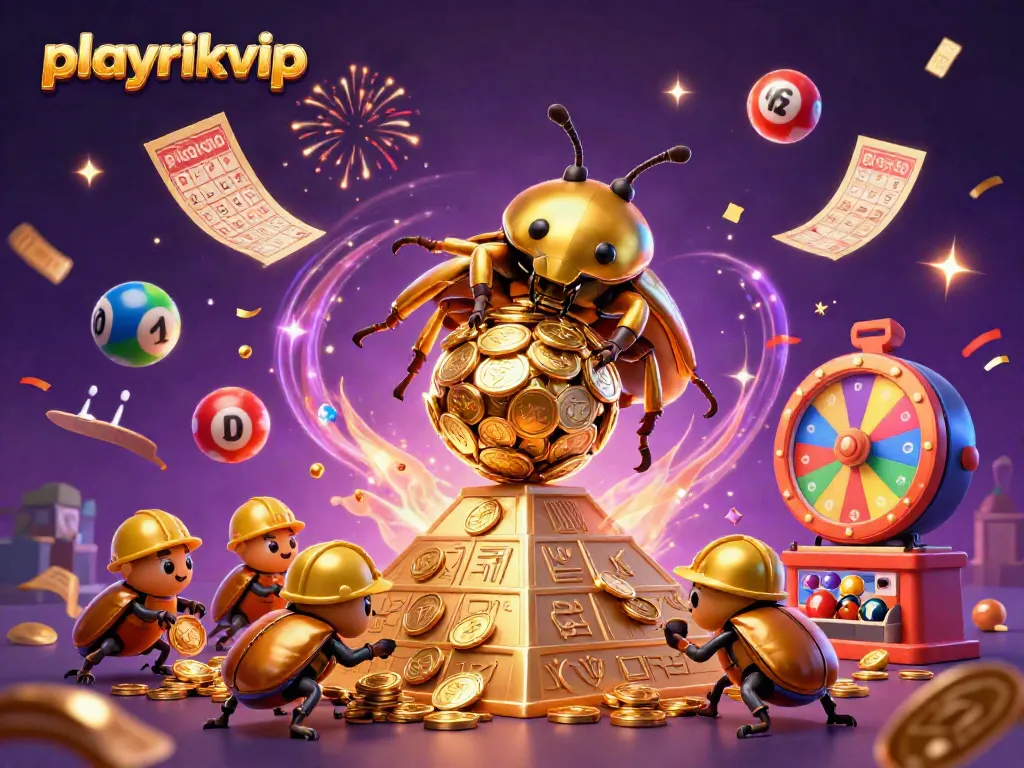 Engage with the playrikvip casino experience illustrated by a golden beetle and vibrant lottery elements.