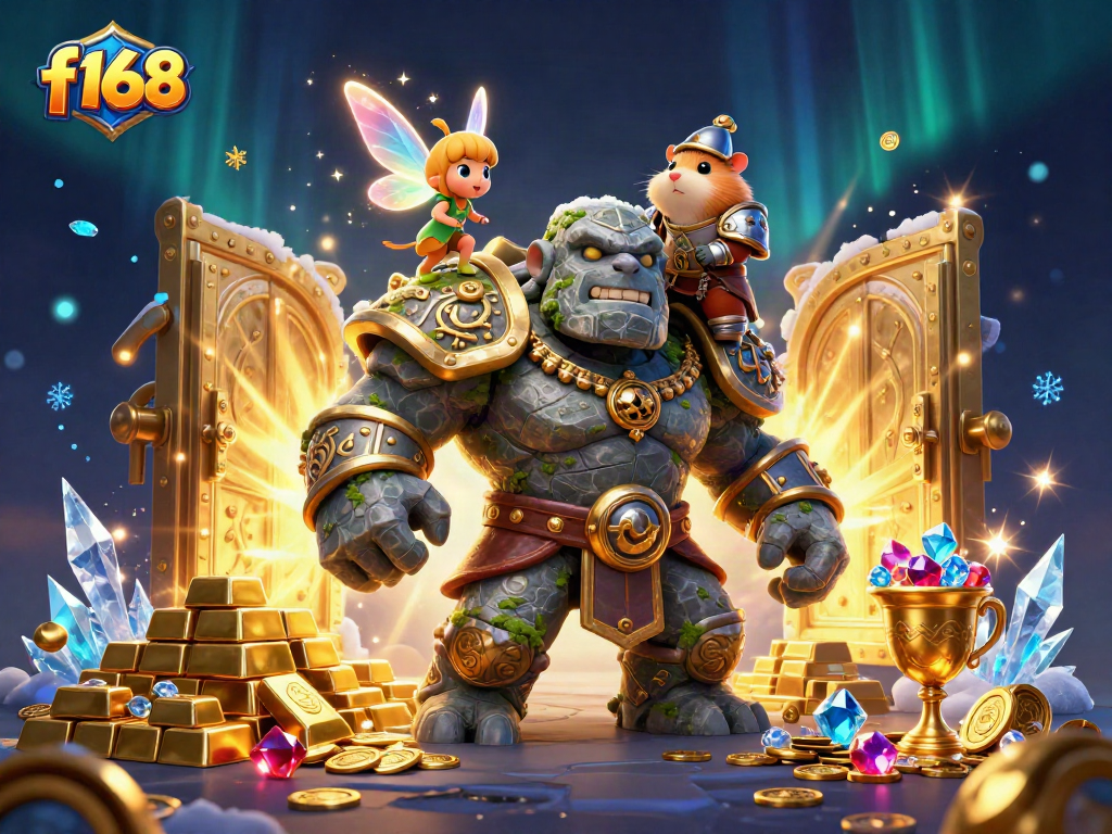 Experience f168's thrilling gaming world with vibrant 3D characters amidst sparkling casino treasures.