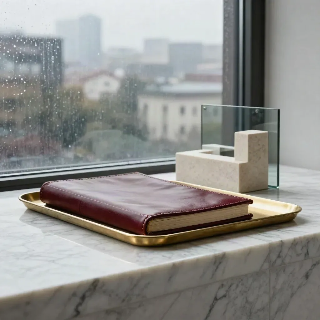 Rain-washed advisory lounge with leather folio, brass tray and growth model by city windows.