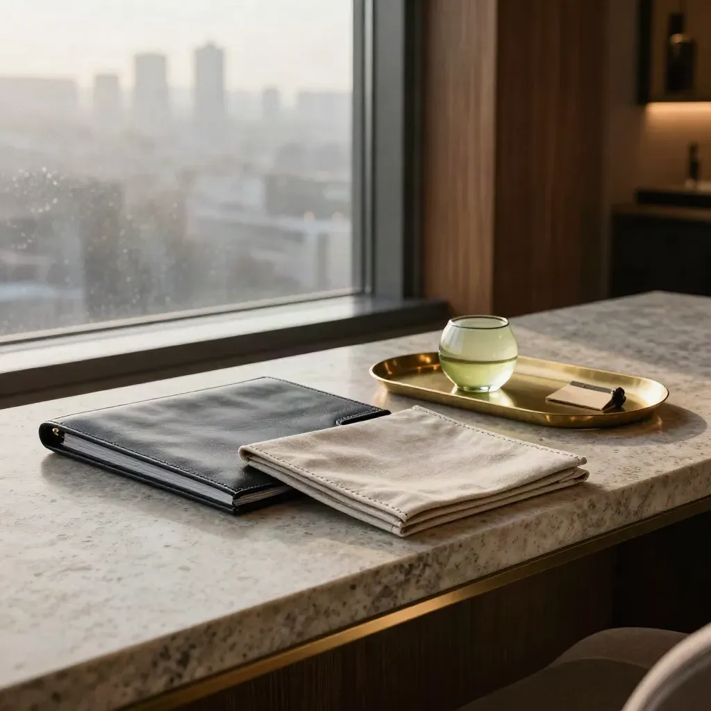 Luxury finance lounge console with closed pitch folio, brass tray and linen sleeves in warm window light
