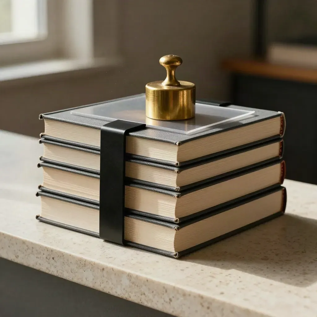Bound model books with brass weight and acetate overlay on travertine stone