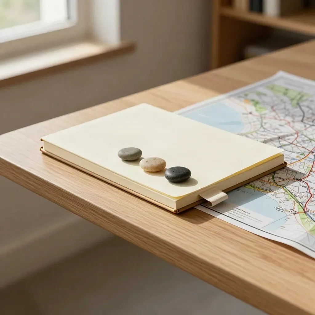 Pale oak planning board with notebook and three stones in warm window light