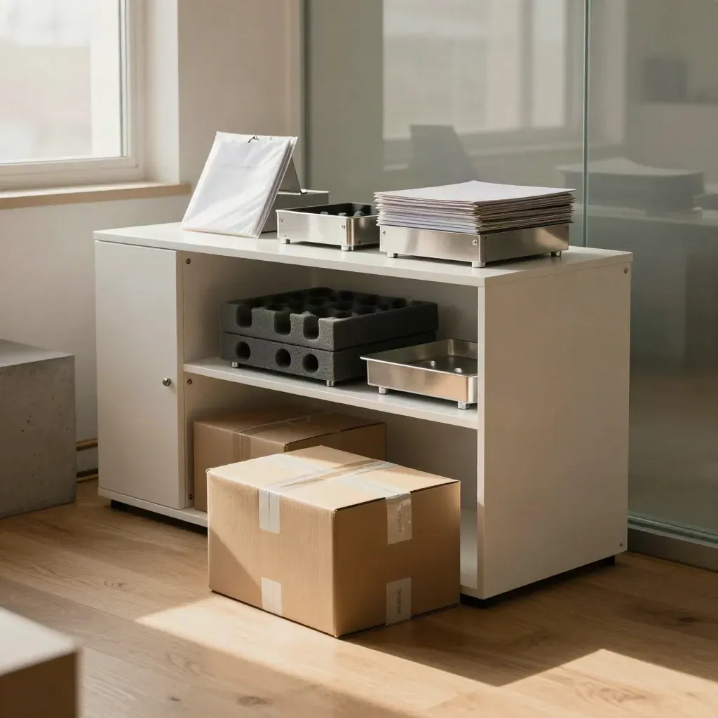Completed startup studio corner with prototype shelf, funding folder, and shipping boxes in warm daylight.