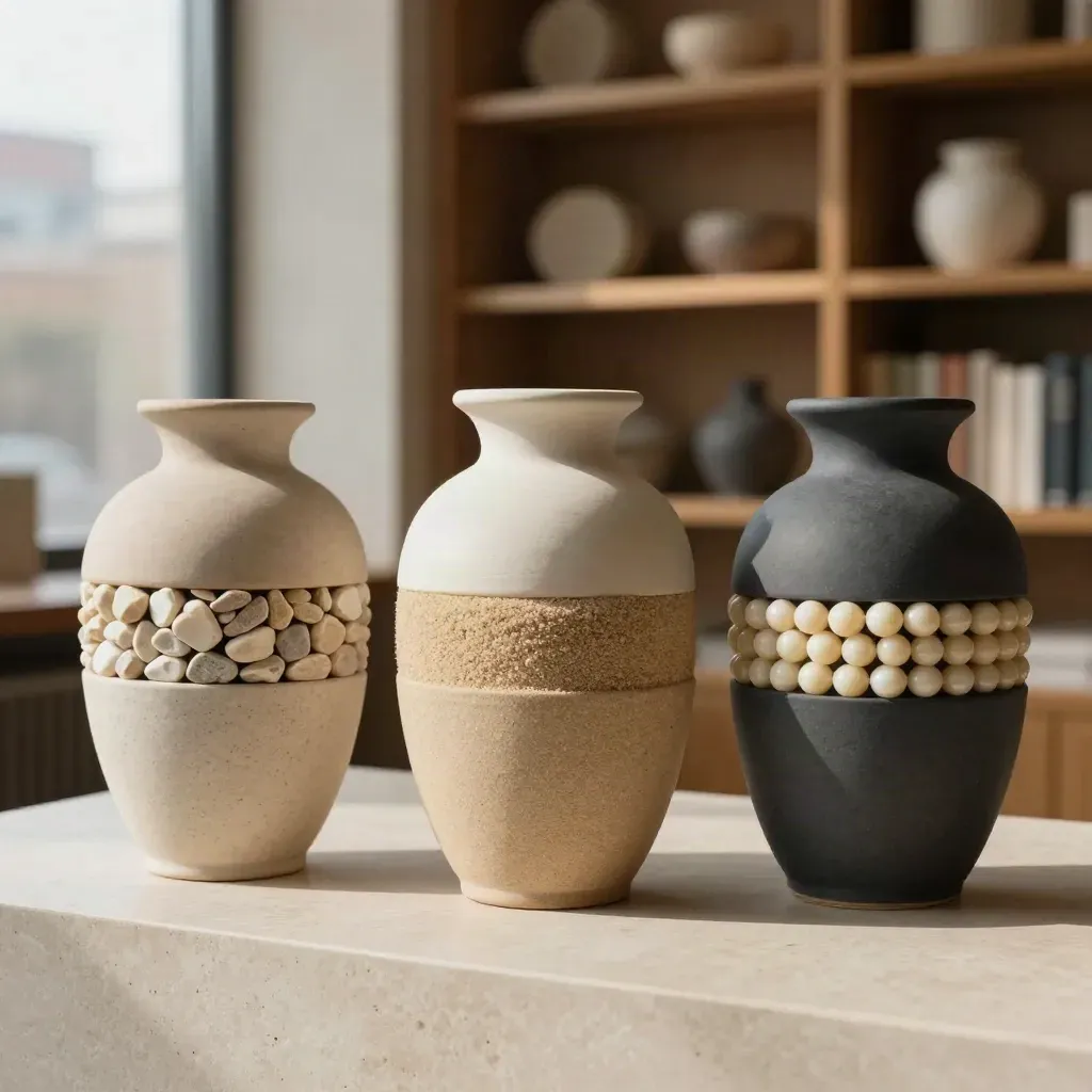 Three ceramic vessels with stone chips, sand and beads in a quiet finance advisory room.