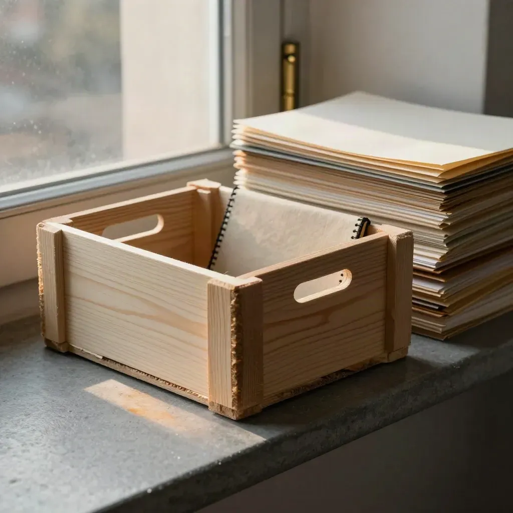 Mill office ledge with stock crates, repaired ledger spine and stacked folders in warm afternoon light.