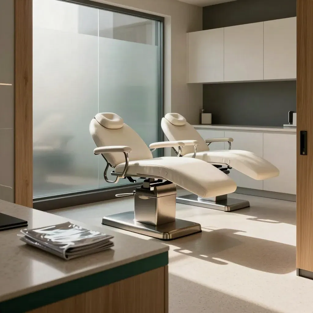 Bright clinic reception with two treatment chairs, fresh cabinets and a sealed planning pack.