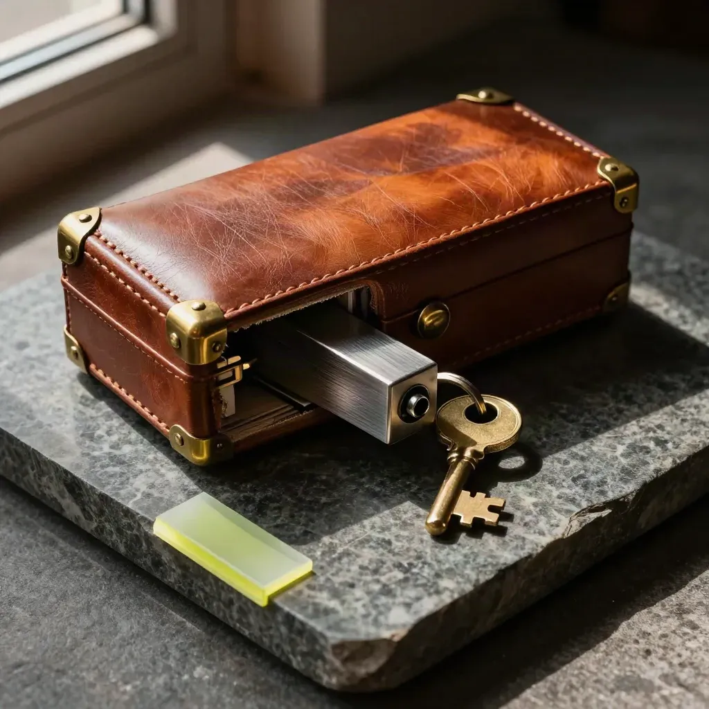 Overhead still life of leather case, brass keys and metal paperweight on stone
