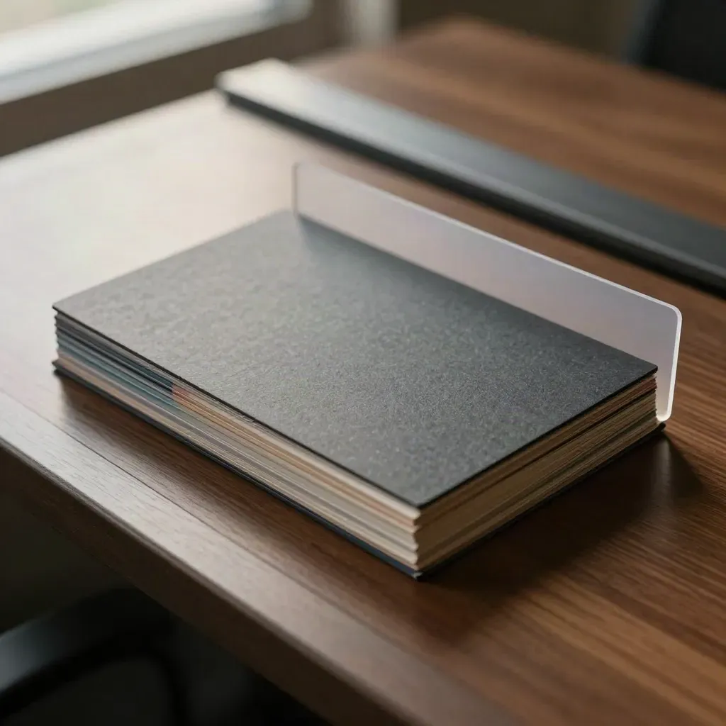 Macro of portfolio tabs, slate card and divider on walnut with soft window light.
