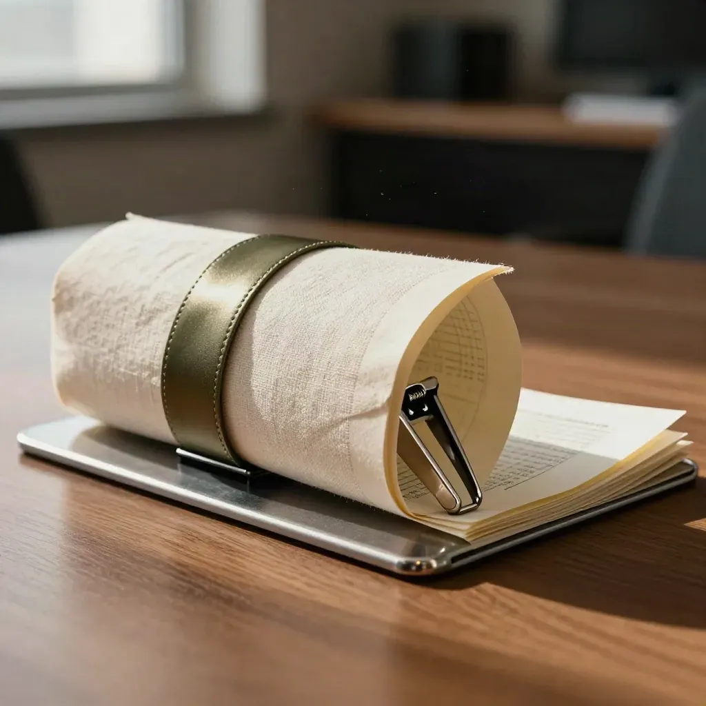 Macro of a clipped transaction pack with metal weight and linen folder on a walnut table edge.