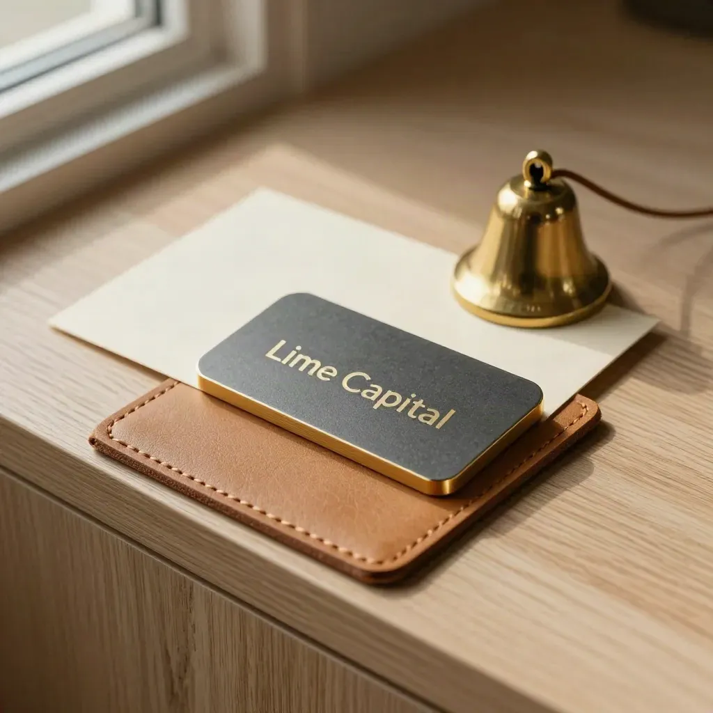 Overhead still-life of a brass bell, folded card in leather slip, and token on pale oak.
