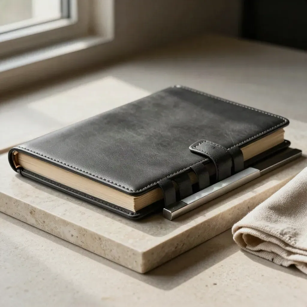 Graphite counters, ledger cover and stone divider on a pale stone tray