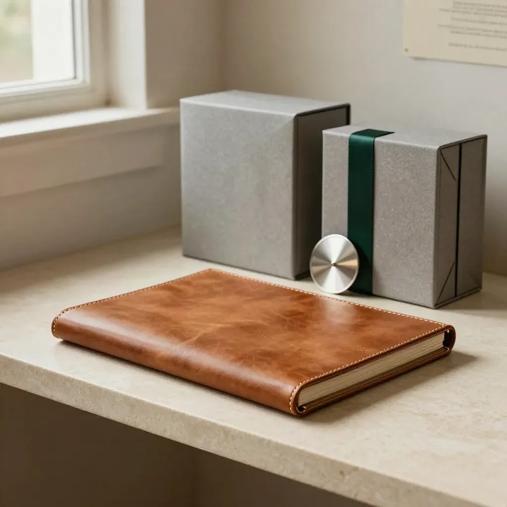 Leather portfolio, three sealed boxes, and a polished metal disc on a limestone shelf.