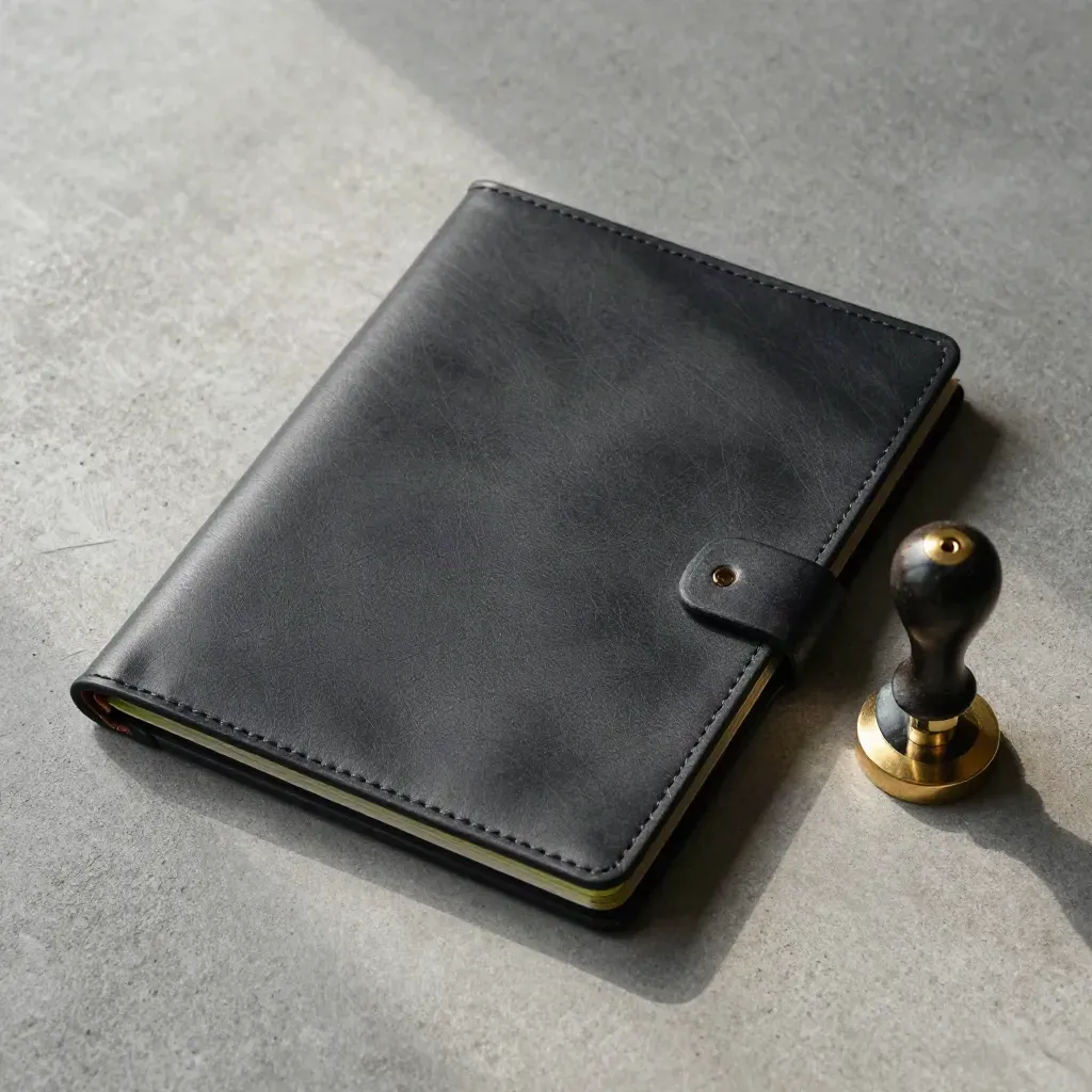 Overhead flatlay of a closed leather document case, brass clip and stone seal weight on concrete.