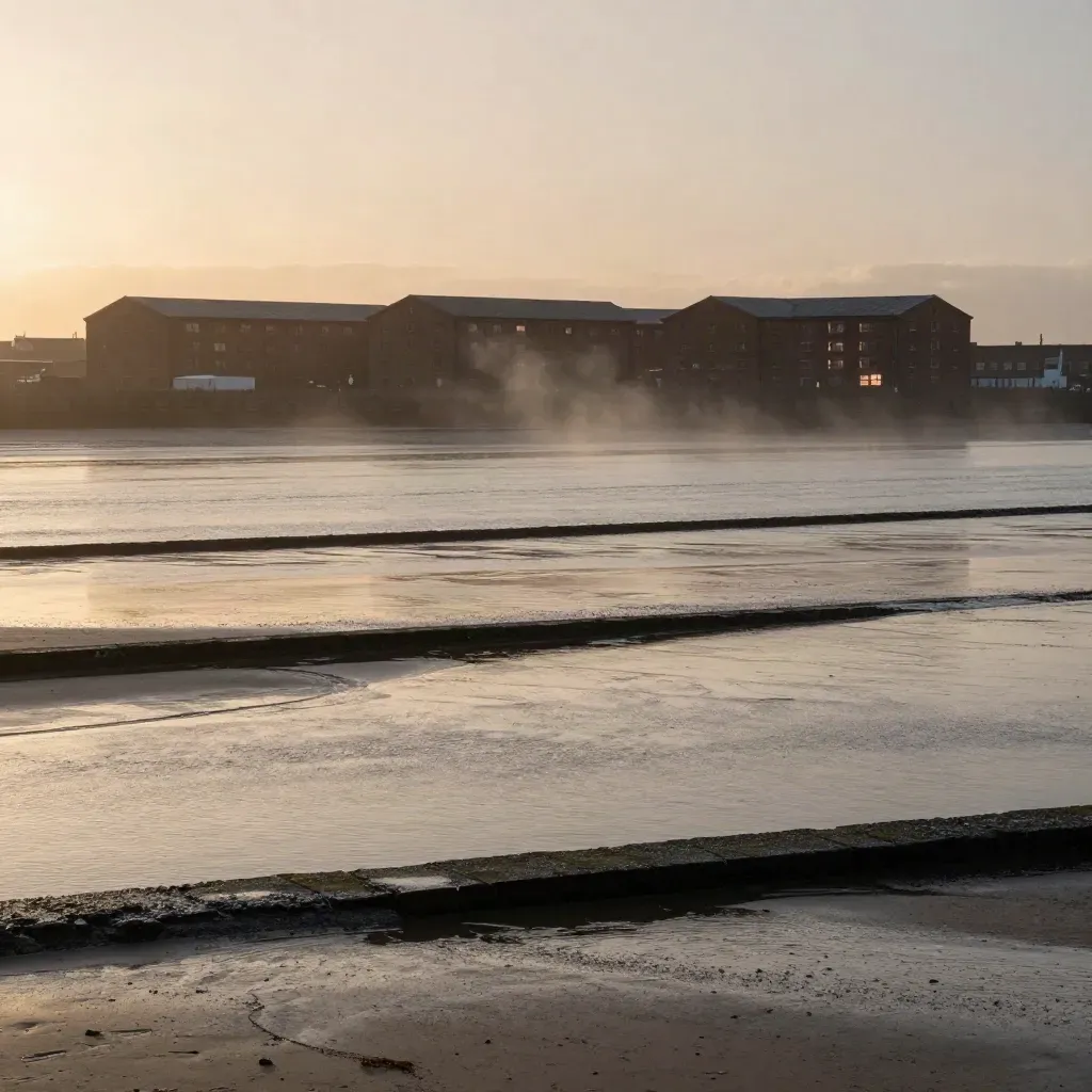 Golden-hour Liverpool waterfront across a tidal flat, docks high on the horizon and mist over the Mersey.