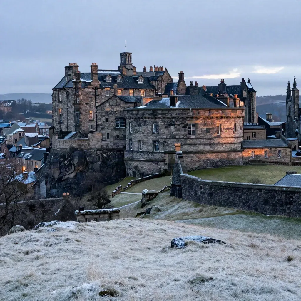 Edinburgh Castle above a misty winter valley at blue hour