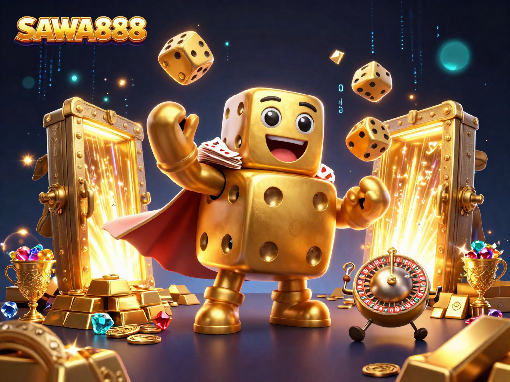 Experience the thrill of SAWA888 with dazzling golden dice, jewels, and vibrant casino elements.
