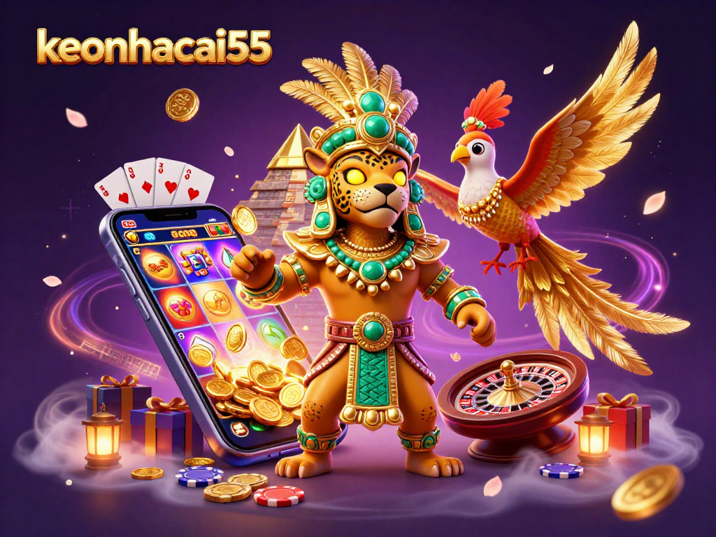Engage with keonhacai55 in this vivid 3D casino scene featuring dynamic game elements and colorful characters.