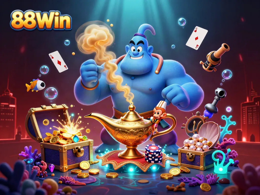 Engage in immersive gaming at 88Win with vibrant characters and casino treasures.