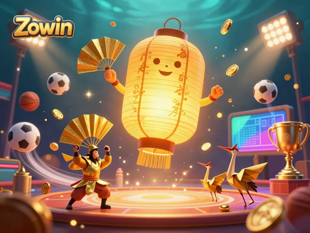 Experience the excitement of Zowin with a vibrant casino scene featuring a golden lantern spirit and dynamic game elements.