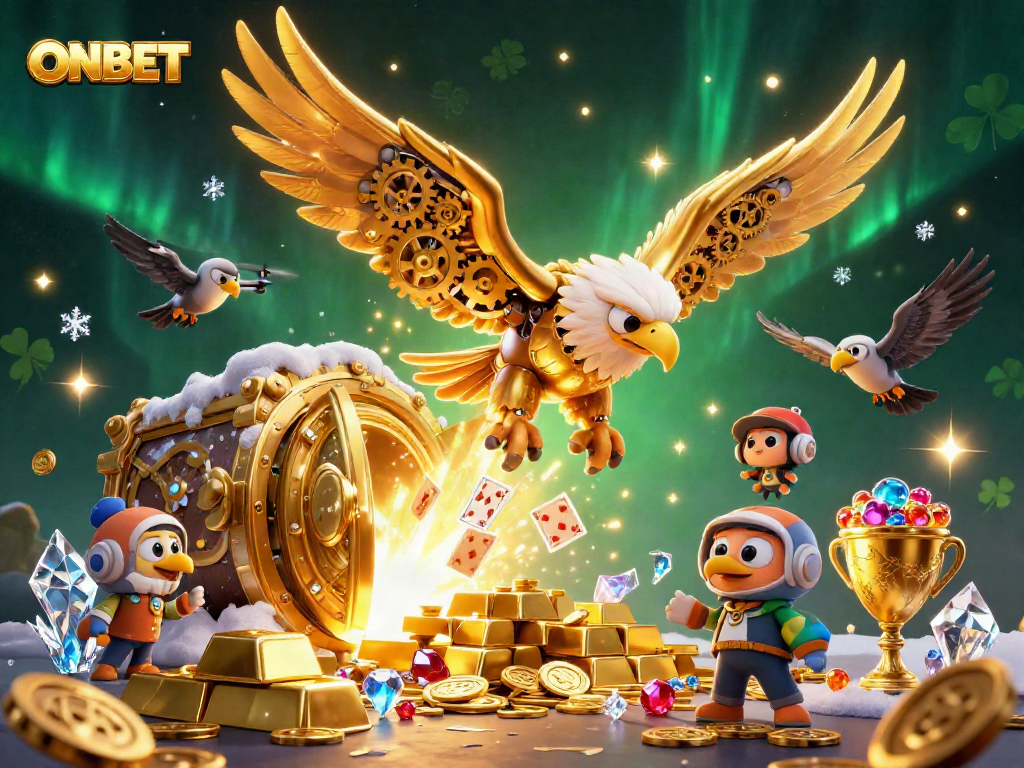 Engage in the ONBET gaming world with a dynamic scene of a cybernetic eagle soaring amid rich casino treasures.
