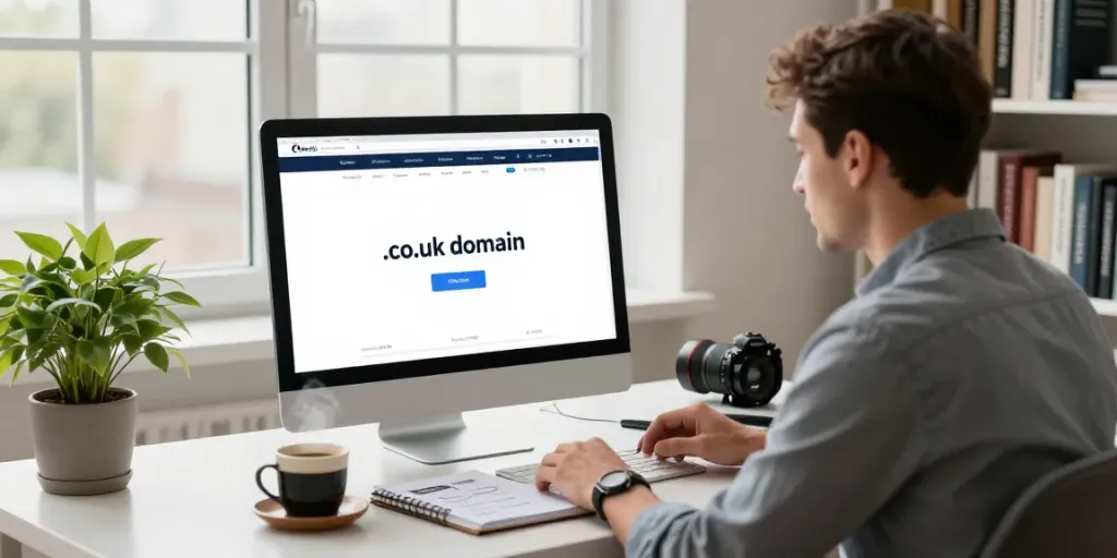 Buy .co.uk domain in a stylish home office with a computer and coffee.