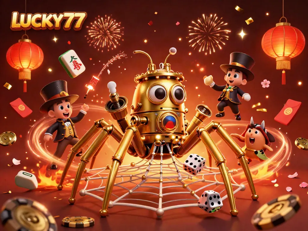 Engage with the LUCKY77 casino world in a vibrant, 3D animated scene showcasing steampunk elements.