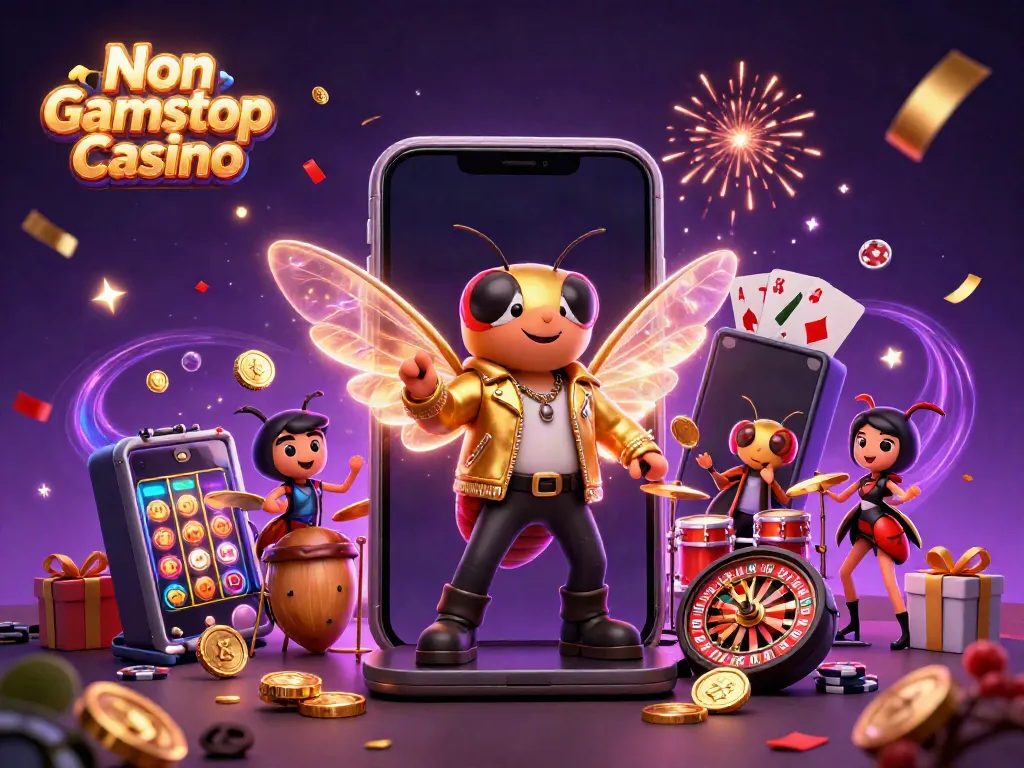 Experience the excitement of Non Gamstop Casino with colorful gaming elements and dynamic characters in a vibrant scene.